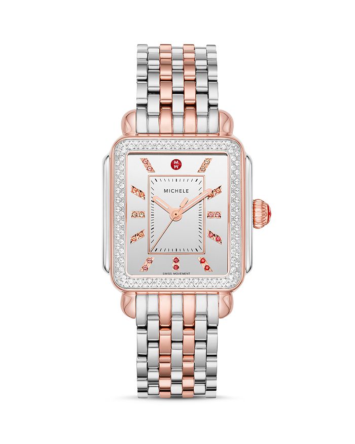 Michele Deco Pink Gold Rainbow Diamond Watch, 33mm X 35mm In White/multi