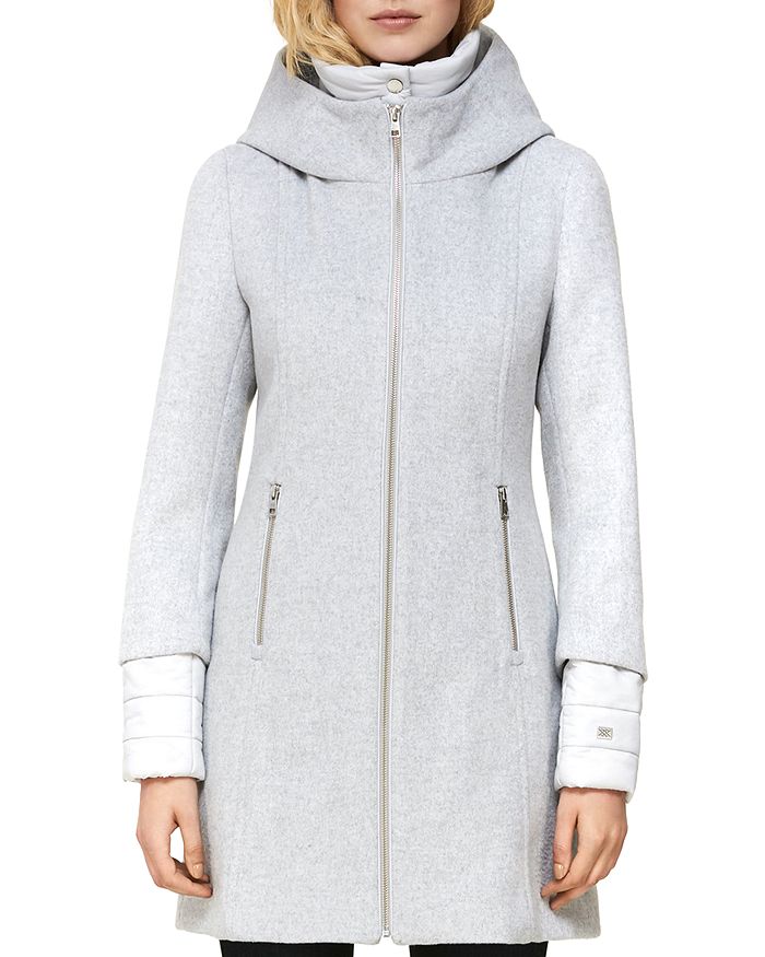 Soia & Kyo Rooney Hooded Mixed Media Coat In Silver Ash | ModeSens