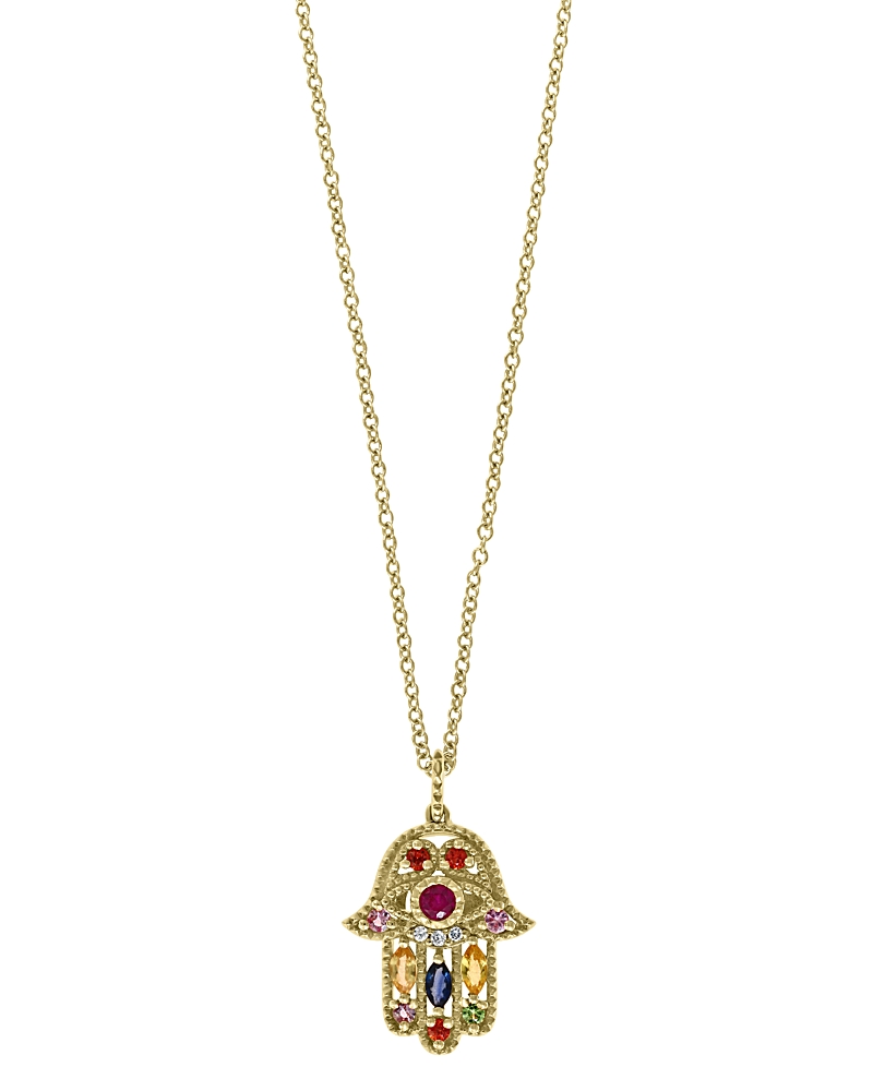 Bloomingdale's Fine Collection Rainbow Gemstone & Diamond Hamsa Pendant Necklace in 14K Yellow Gold, 18