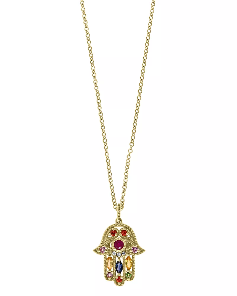 Bloomingdale's Fine Collection Rainbow Gemstone & Diamond Hamsa Pendant Necklace in 14K Yellow Gold, 18