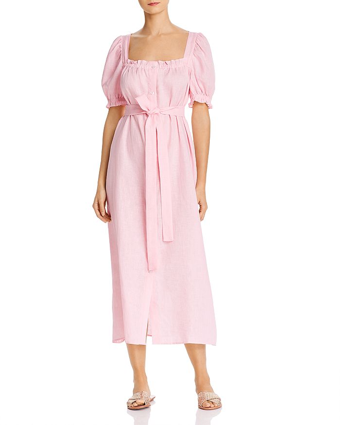 Sleeper Brigitte Linen Midi Dress In Pink | ModeSens