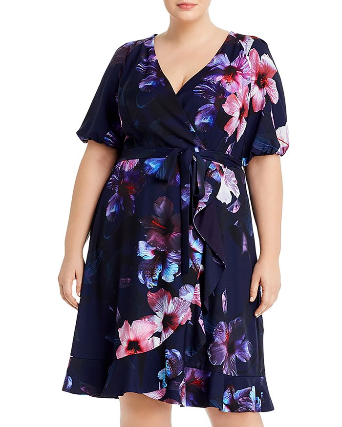 Adrianna Papell Plus Dreamy Hibiscus Faux-Wrap Dress | Bloomingdale's