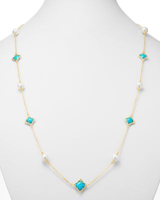 Freshwater Cultured Pearl & Turquoise Clover Station Necklace in 14K Yellow Gold, 36" 
