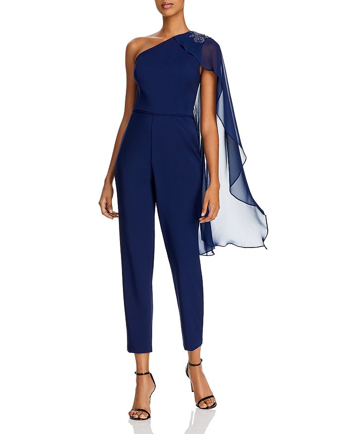 Adrianna Papell One-shoulder Cape Jumpsuit In Light Navy