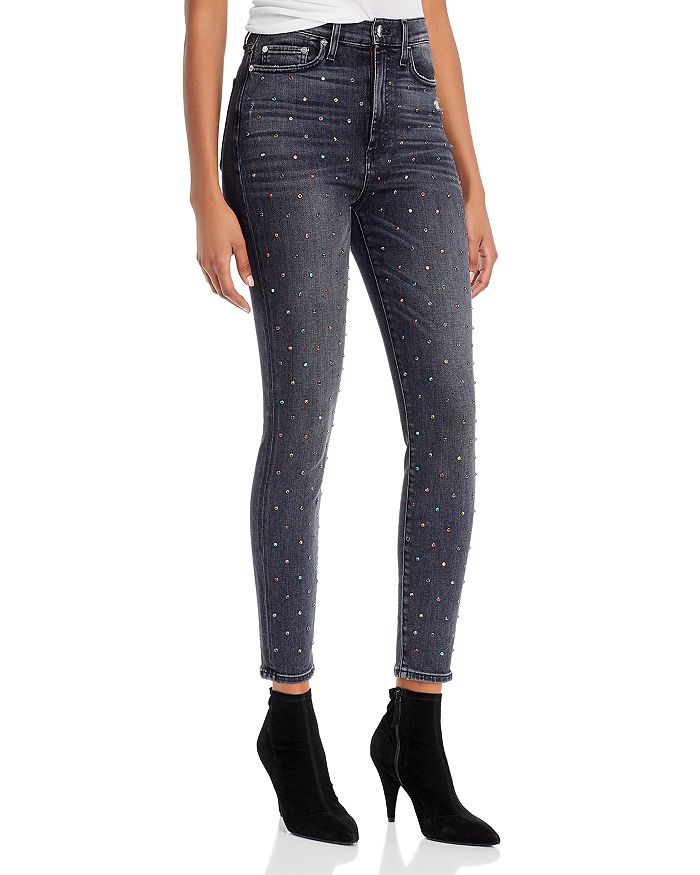 ALICE AND OLIVIA ALICE + OLIVIA GOOD HIGH-RISE EMBELLISHED ANKLE SKINNY JEANS IN BLACK MAGIC,CD109405BMC