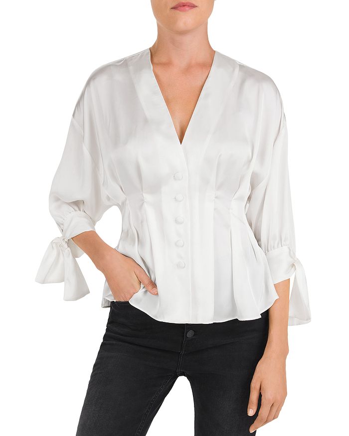 THE KOOPLES PLEATED BUTTON-FRONT TIE-CUFF BLOUSE,FCCL19044K