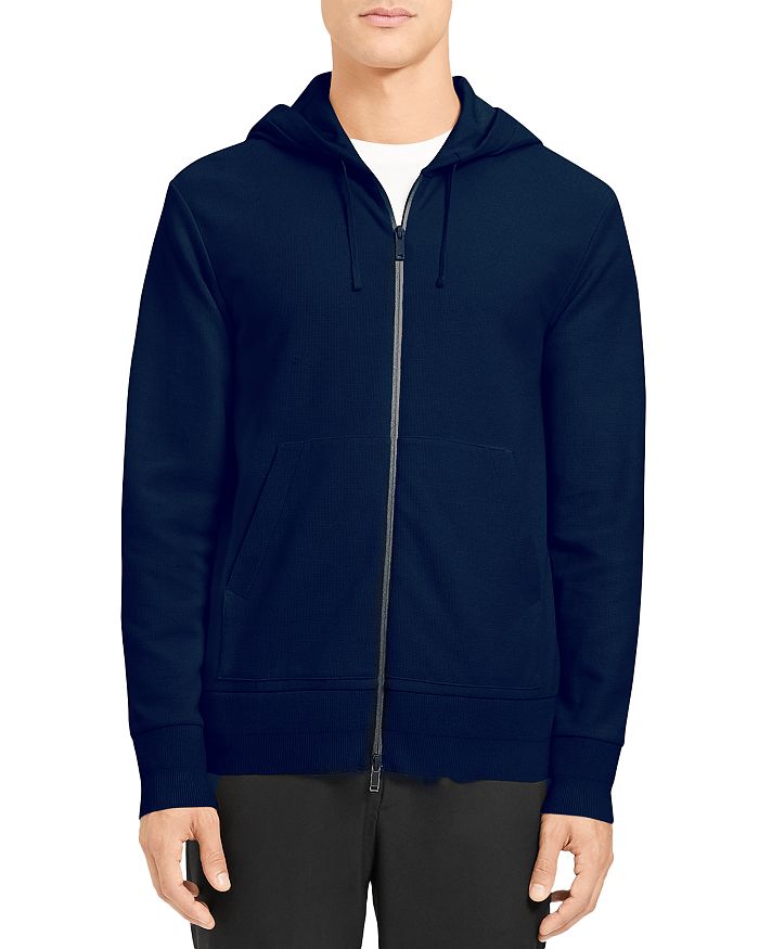 Theory Mattis Waffle Knit Cotton Zip Hoodie In Dark Ocean