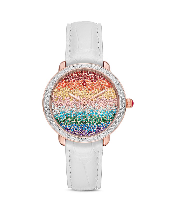 Michele Serein Full Rainbow Diamond Watch, 36mm In Multi/white