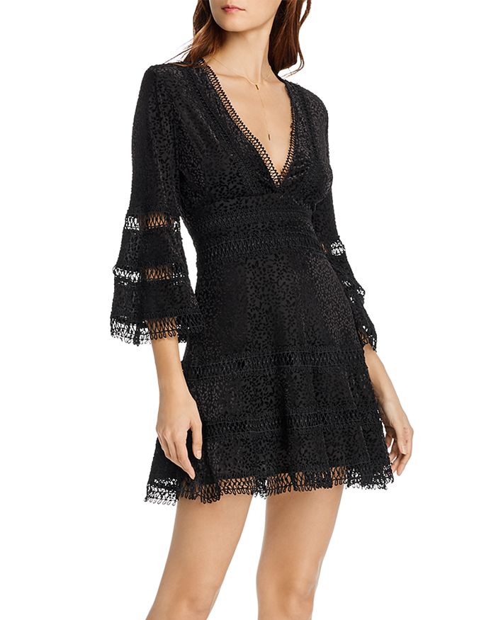 Aqua Flocked Bell-sleeve Dress - 100% Exclusive In Black Floral