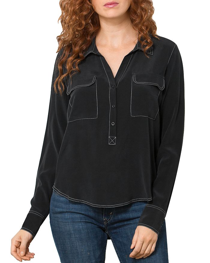 Go By Go Silk Point Out The Details Silk Blouse In Washed Black With White Stitch