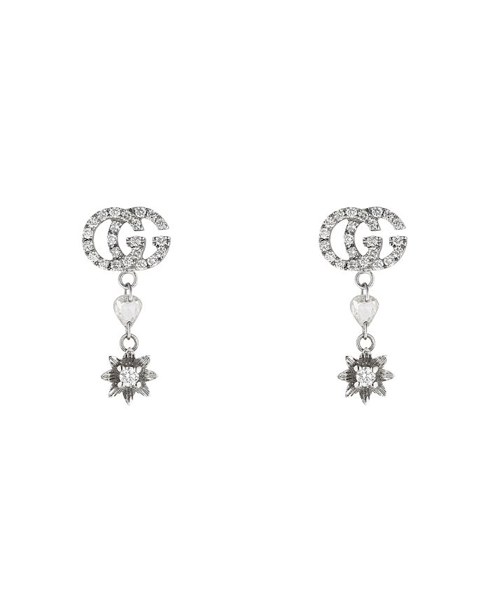 Gucci - 18K White Gold Flora Diamond Drop Earrings