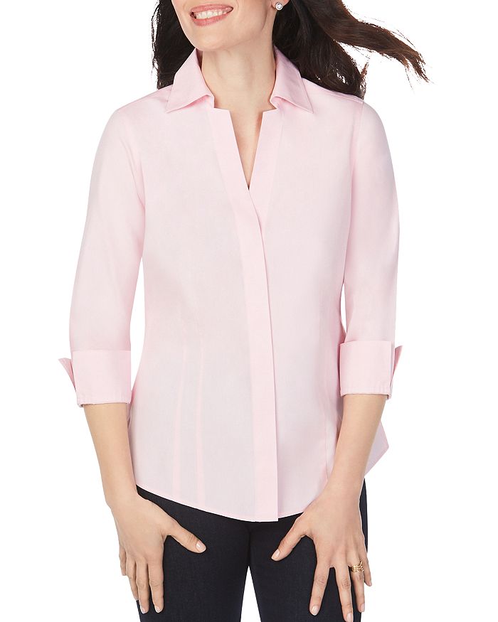 Foxcroft 'taylor' Three-quarter Sleeve Non-iron Cotton Shirt In Chambray Pink