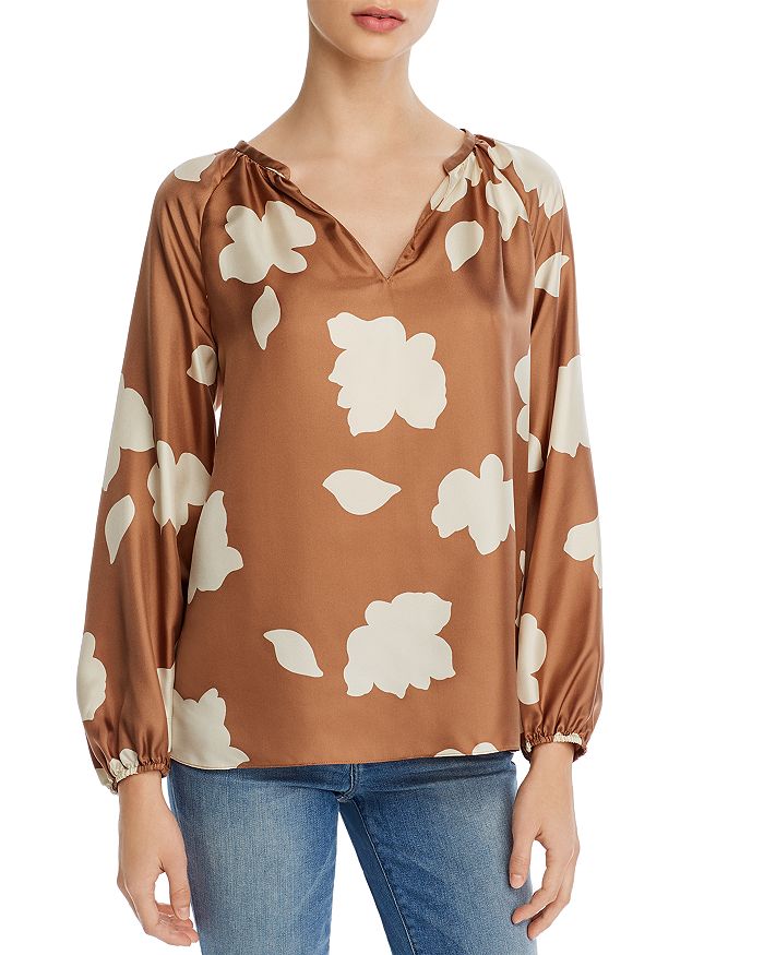 THEORY FLORAL-PRINTED SILK PUFF SLEEVE BLOUSE,J1102505