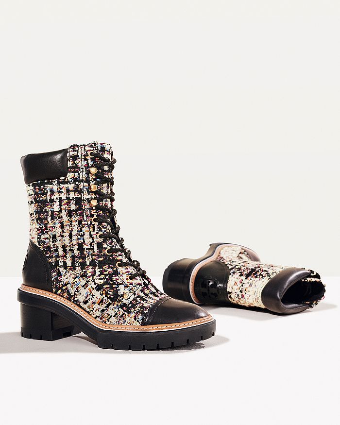 Tory Burch Women's Miller Boucle Lace-up Boots In Black | ModeSens