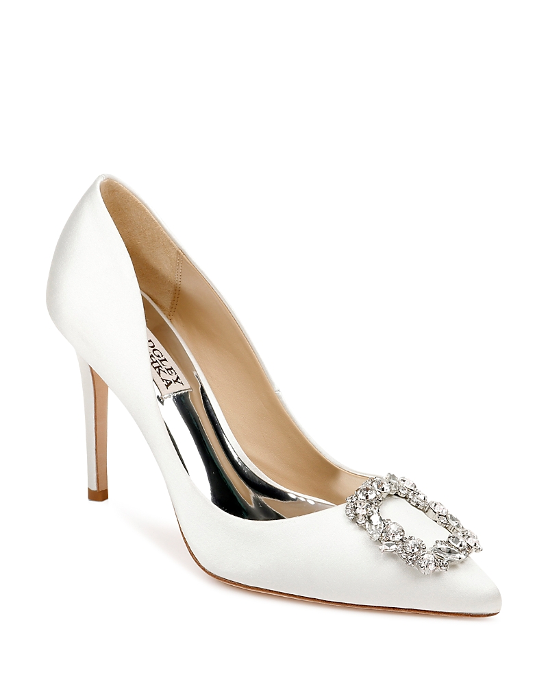 Badgley Mischka Cher Satin Buckle Cocktail High-heel Pumps In White Satin