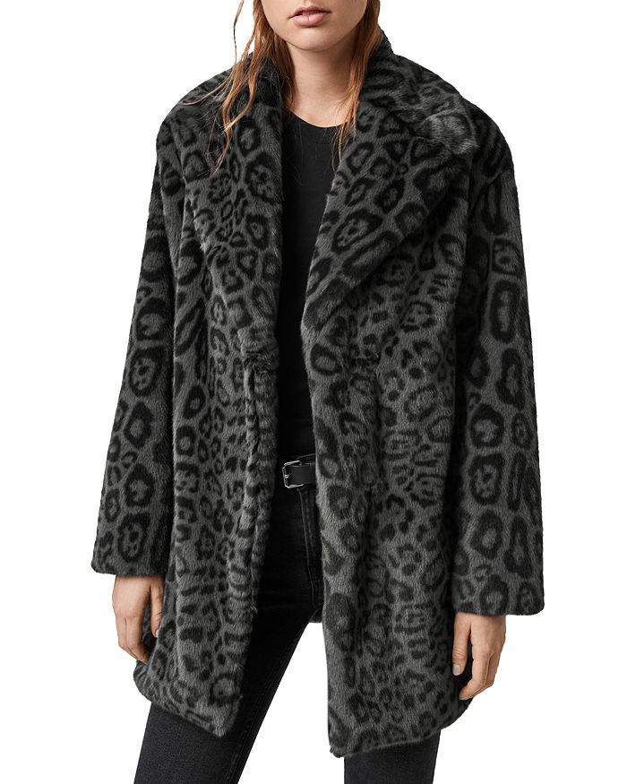 Allsaints Amice Leopard-print Faux Fur Coat In Gray