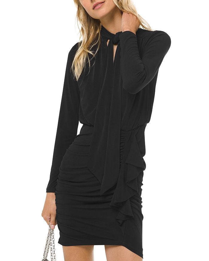 Michael Michael Kors Ruched Tie-neck Jersey Mini Dress In Black