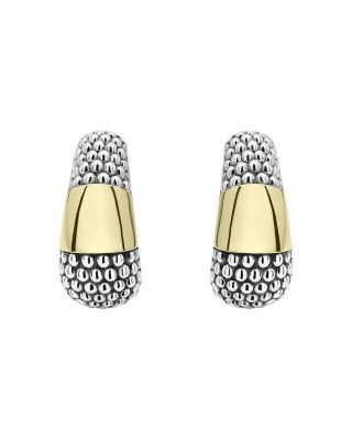 18K Yellow Gold &amp; Sterling Silver High Bar Caviar Huggie Earrings