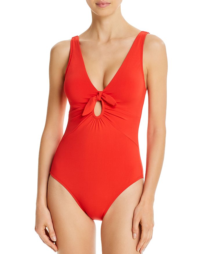 ROBIN PICCONE PLUNGE NECK TIE-FRONT ONE PIECE SWIMSUIT,191716