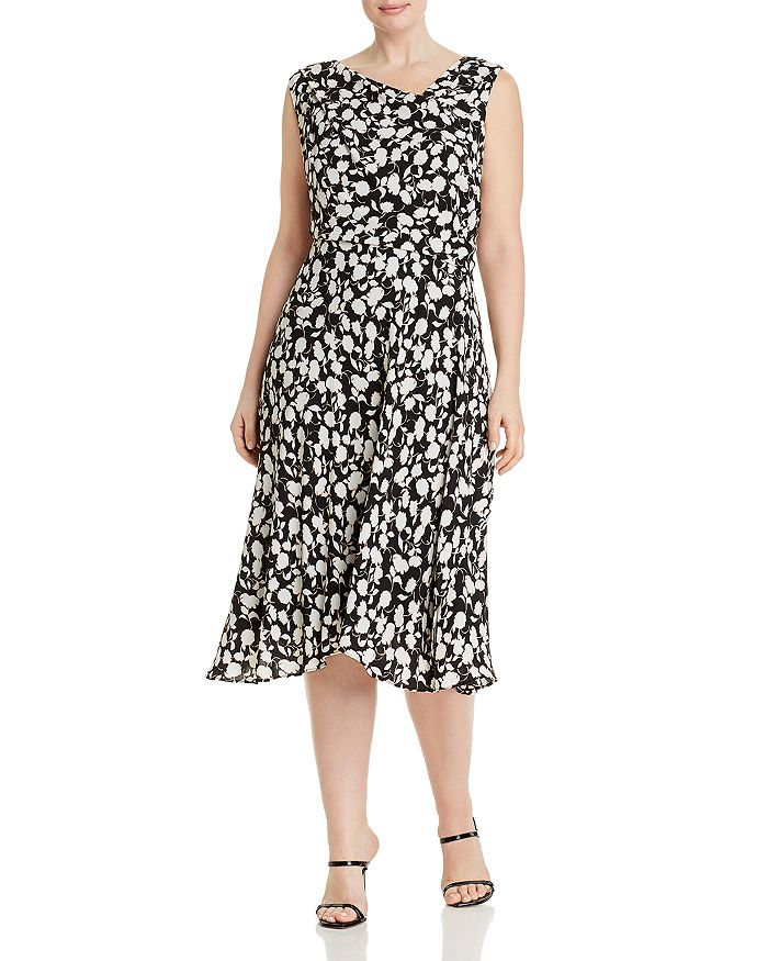 Adrianna Papell Plus Draped Floral A-line Dress In Black/ivory