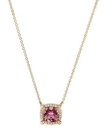 David Yurman - Petite Ch&acirc;telaine&reg; Pav&eacute; Bezel Pendant Necklace in 18K Yellow Gold with Pink Tourmaline, 18"