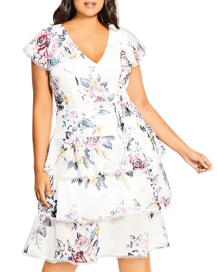 CITY CHIC PLUS FLORAL PRINT TIERED FIT-AND-FLARE DRESS,202911