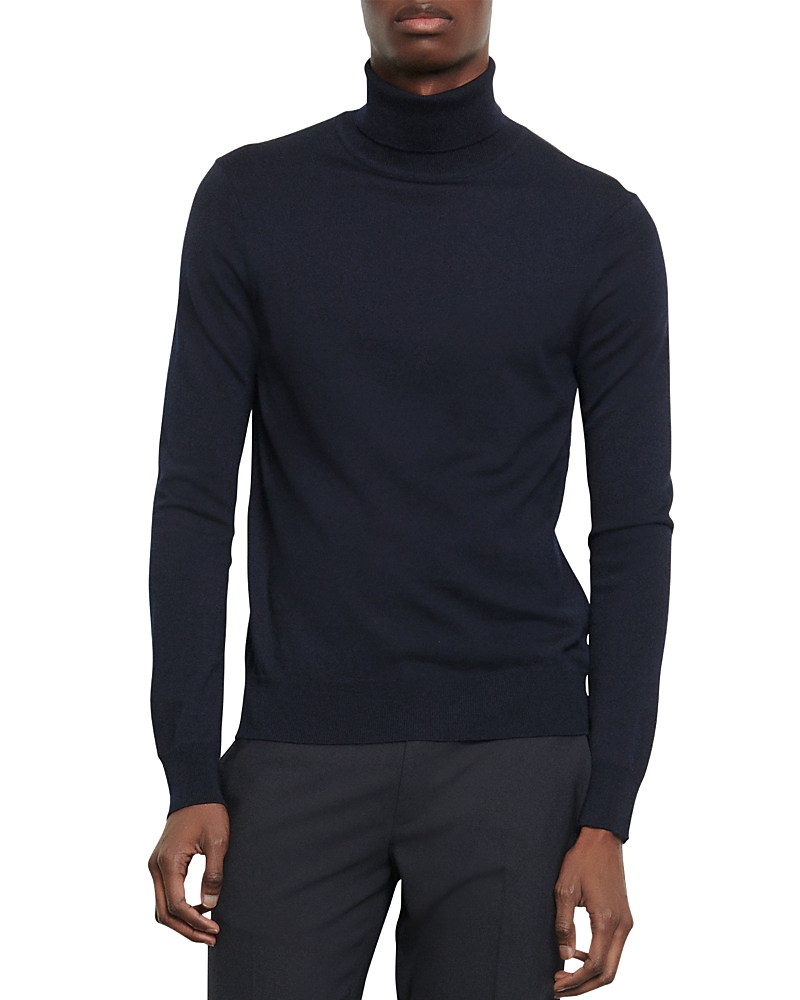 Sandro Turtleneck Fine-knit Wool Jumper In Navy Blue