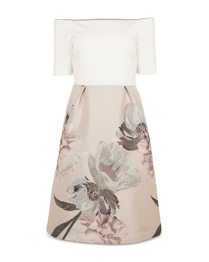 TED BAKER CATHIEY WOODLAND OFF-THE-SHOULDER JACQUARD DRESS
