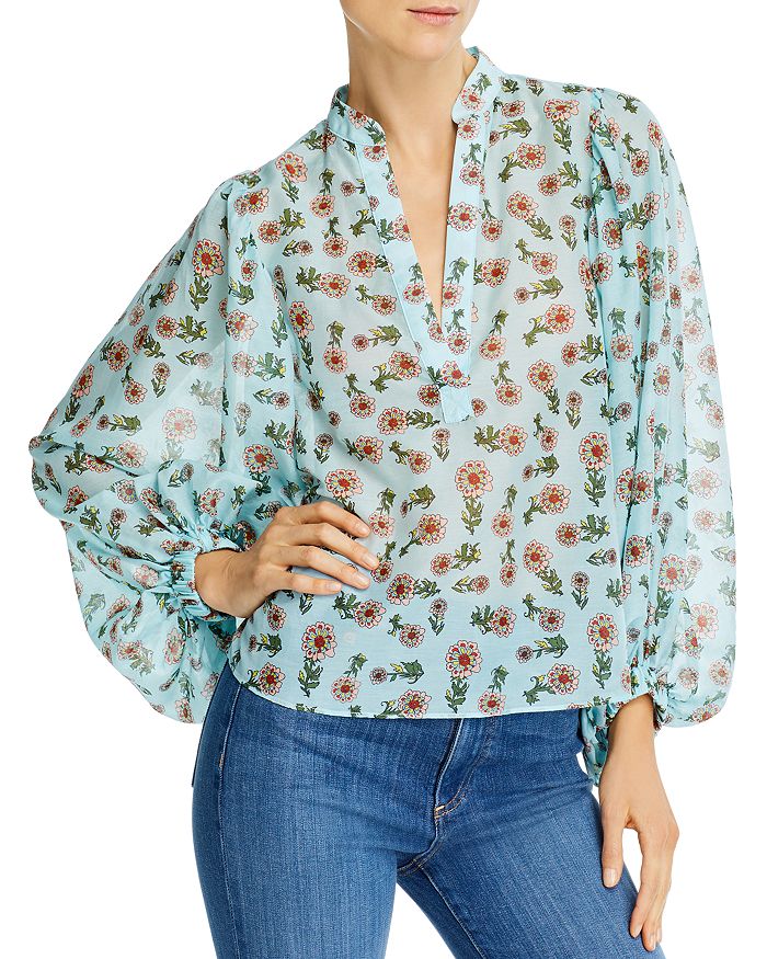 Alice And Olivia Raya Floral-print Cotton And Silk-blend Chiffon Blouse In Light Blue | ModeSens