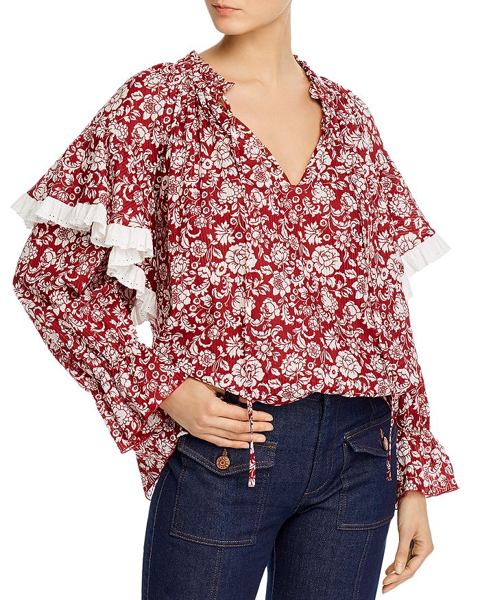 See By Chloé Ruffled Floral-print Cotton-jacquard Blouse In Red/white
