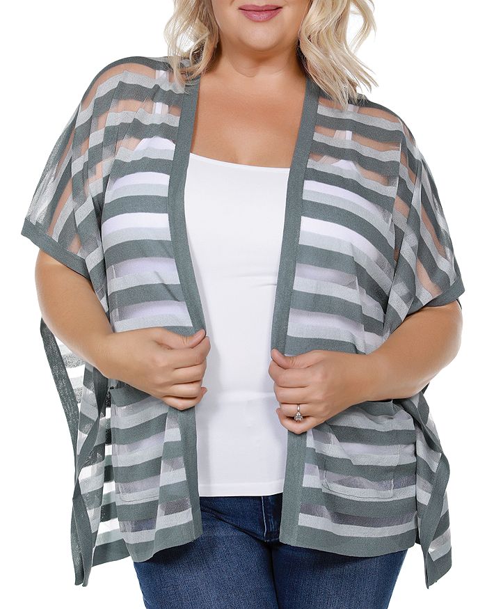 Belldini Plus Striped Short-sleeve Cardigan In Silver Moss/frost