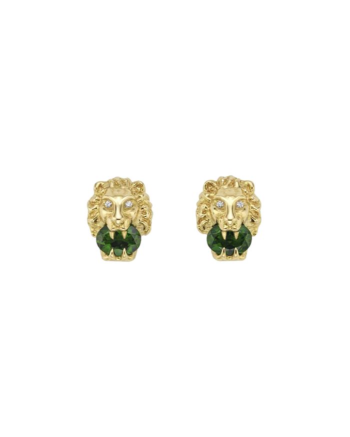 Gucci - 18K Yellow Gold Chromo-Diopside & Diamond Lion Head Stud Earrings