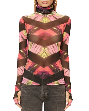 Afrm Zadie Mesh Turtleneck Top In Pink Chevron Tie Dye