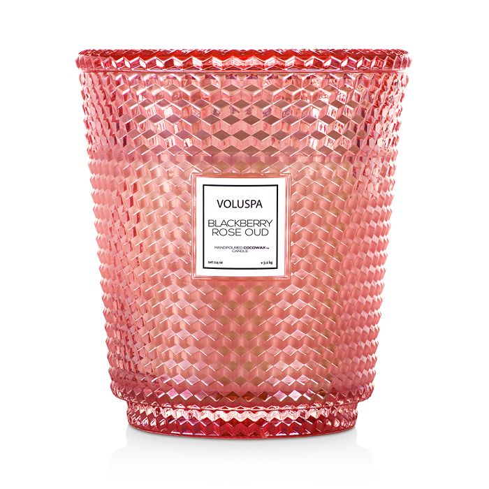 Voluspa Blackberry Rose & Oud Hearth Embossed Glass Candle With Lid 114 Oz. In Pink