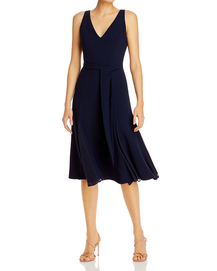 Adrianna Papell Belted V-neck Dress In Blue Moon