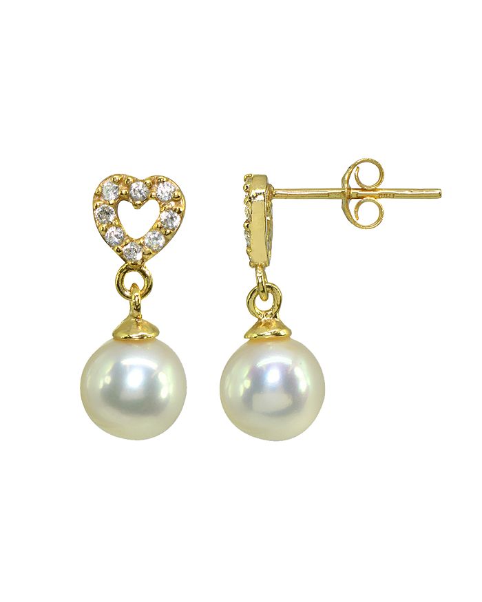 Aqua Cultured Freshwater Pearl & Pave Cubic Zirconia Heart Drop Earrings In 18k Gold-plated Sterling Silv In White/gold