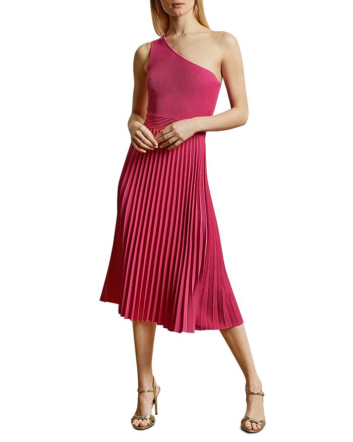 Ted Baker Miriom One-shoulder Pleated Midi Dress In Bright Pink