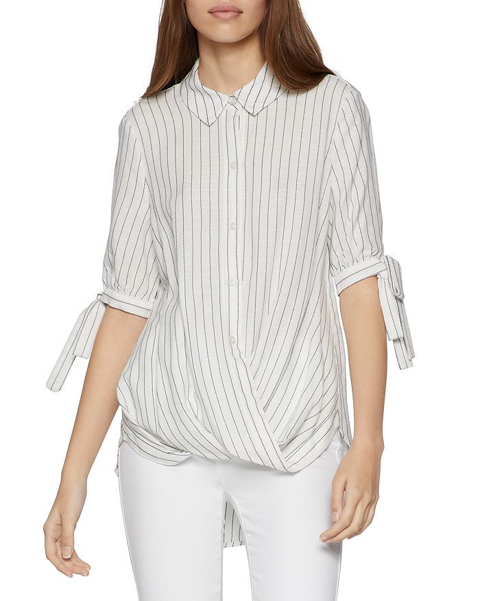 BCBGENERATION BCBGENERATION STRIPED DRAPED HIGH/LOW BLOUSE,TRO1267177
