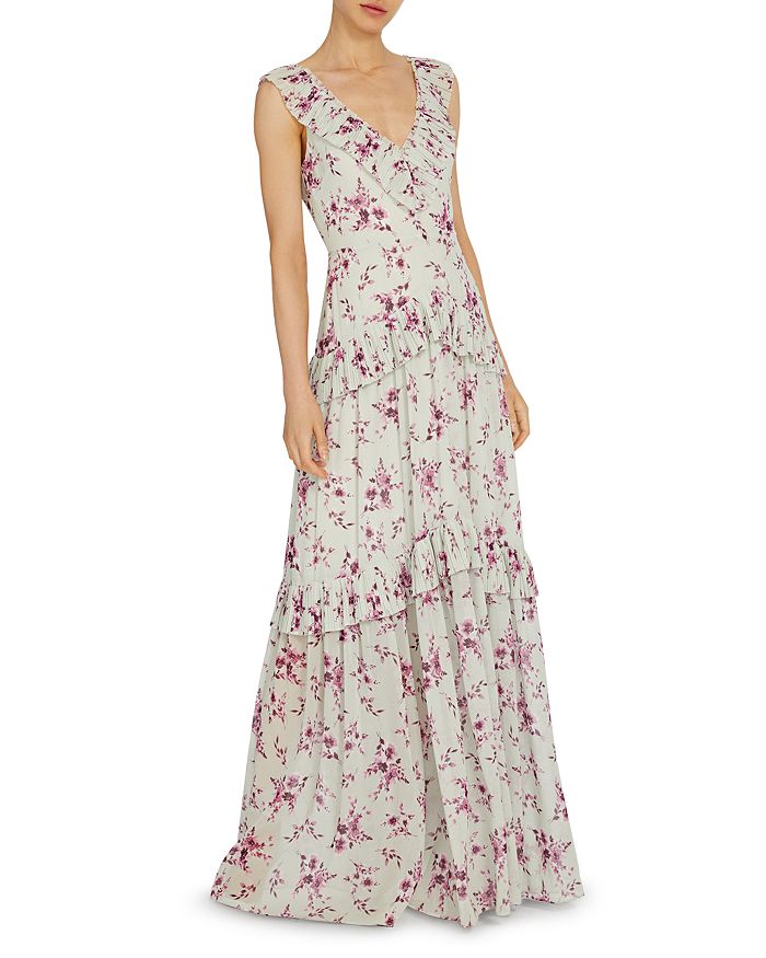 ML Monique Lhuillier Floral Print Pleated Trim Gown | Bloomingdale's