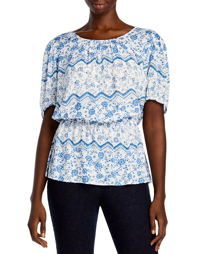 Aqua Curve Floral Print Smocked Top - 100% Exclusive In White/blue