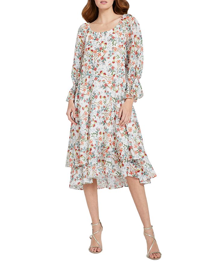 Alice And Olivia Alice + Olivia Miora Floral Ruffled Dress In Blue Bell/soft White