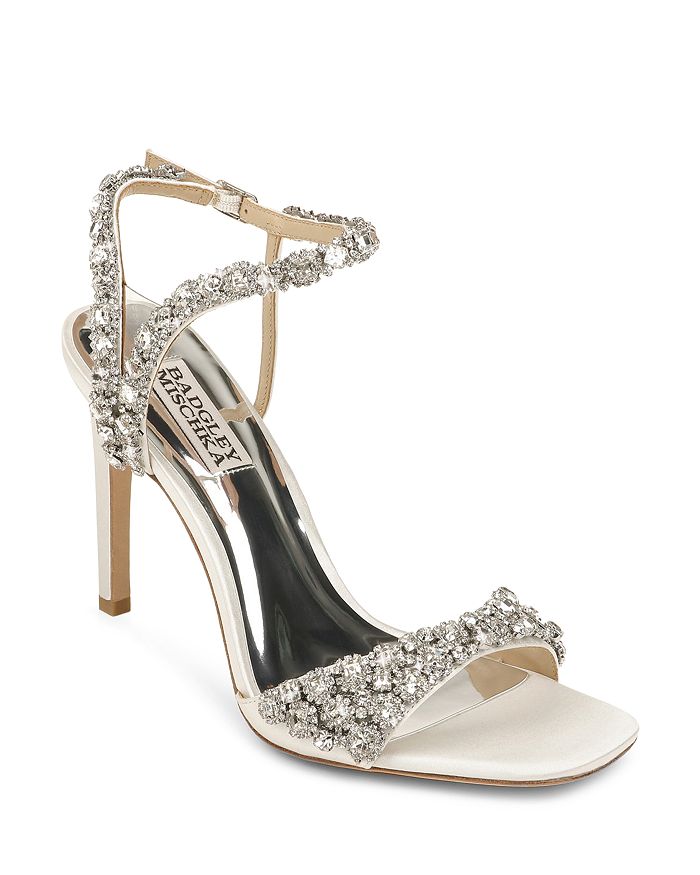 Badgley Mischka Galia Metallic Crystal Stiletto Sandals In White Satin