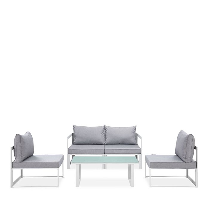 Modway Fortuna 5 Piece Outdoor Patio Modular Sectional Sofa And Large Coffee Table Set In Gray/white