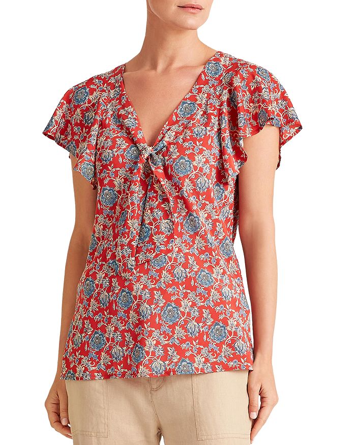 Ralph Lauren Lauren Floral Print Flutter Sleeve Top In Red Muti | ModeSens