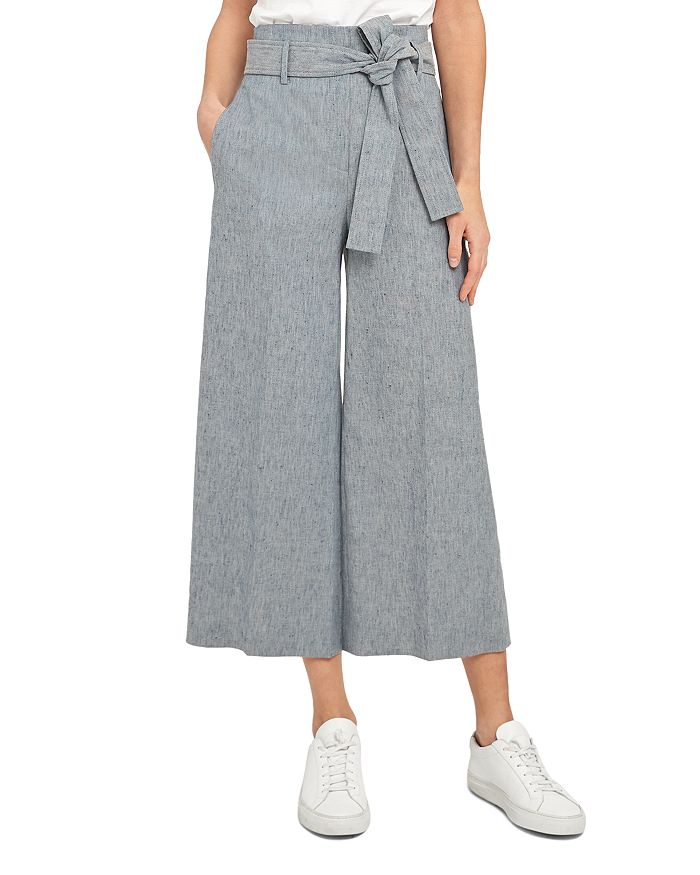 Theory Belted Linen Blend Wide Leg Pants In Chambray
