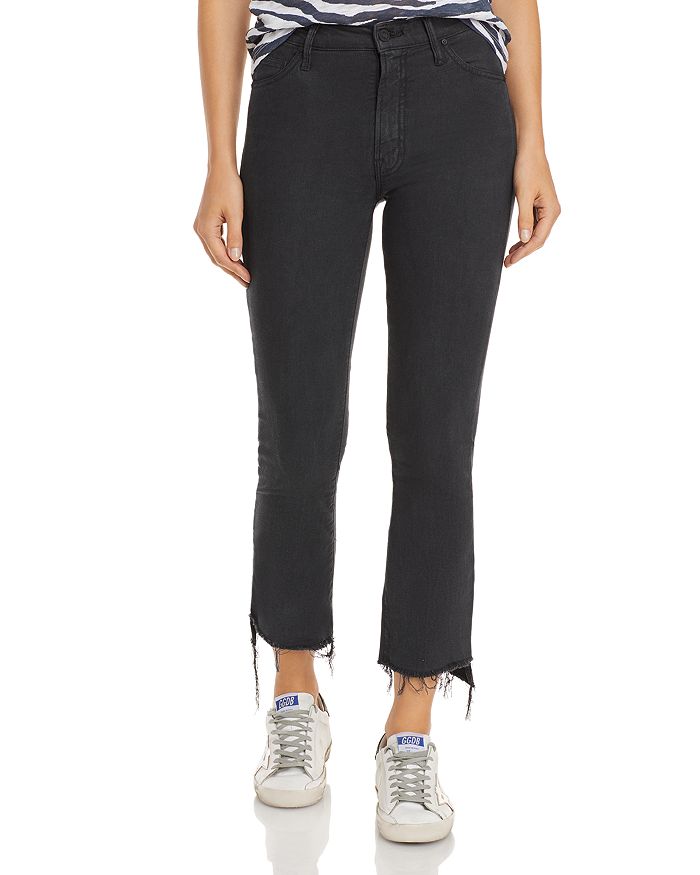 Mother The Insider Mid-rise Frayed Step-hem Stretch Crop Jeans In Fdb-faded Black