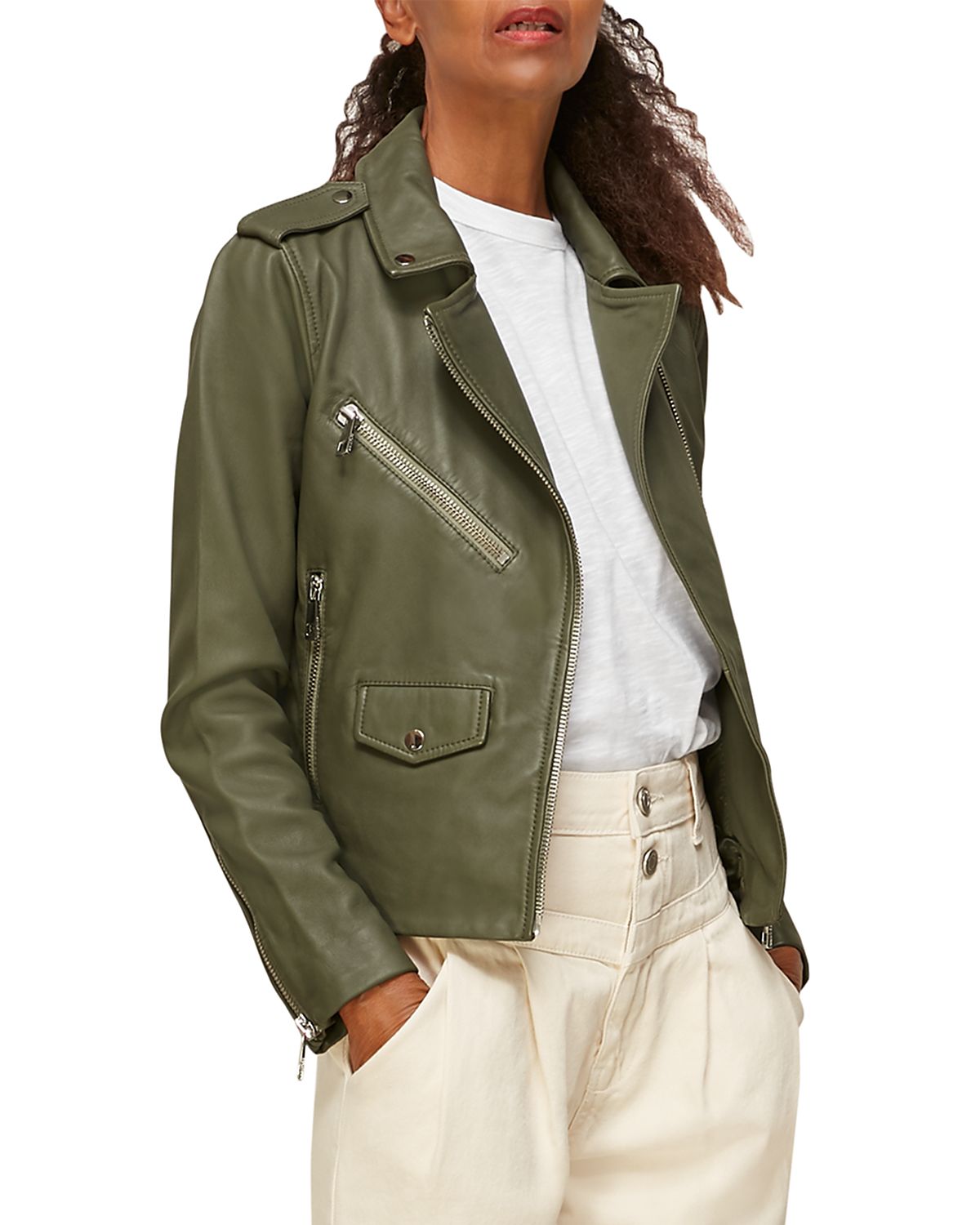 Whistles Agnes Pocket Leather Biker Jacket