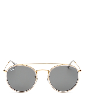 Ray Ban Ray-ban Unisex Polarized Brow Bar Round Sunglasses, 51mm In Shiny Legend Gold/black Polar