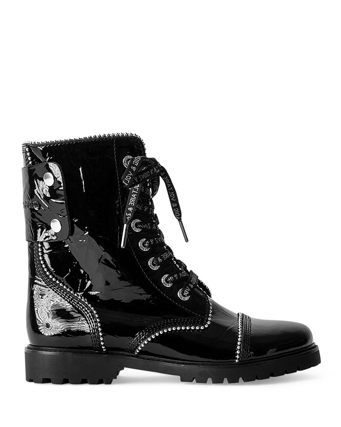 ZADIG & VOLTAIRE WOMEN'S JOE STUD PIPING WRINKLED PATENT LEATHER RANGER BOOTS,WJAA1704F