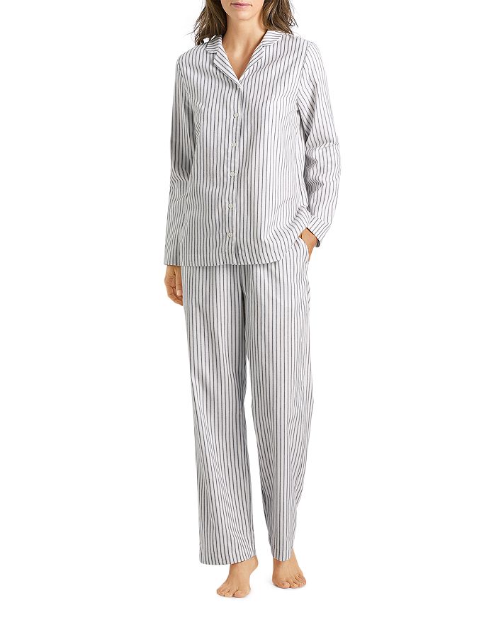 Hanro Edda Plaid Cotton Flannel Pajama Set In Azurite Stribe